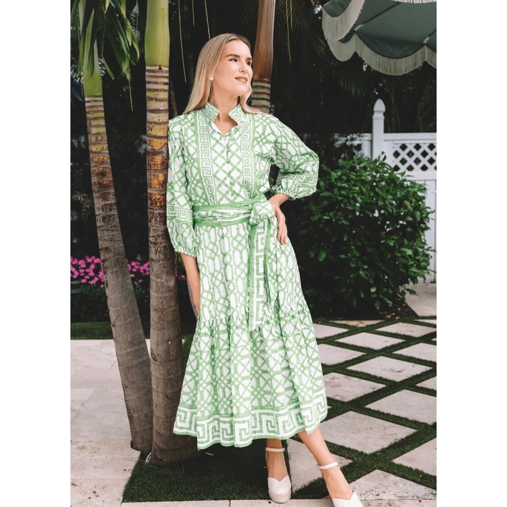 Sue Sartor Flounce Dress Key Lime Bamboo Green White Midi Resort Large